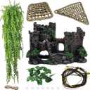 Tank Accessories for Bearded Dragon Include Resin Classical Castle Reptile Hammocks Climb Habitat Hanging Jungle Vines Flexible Leaves Climbing Decor for Chameleon Lizard Gecko Spider(6 PCS)