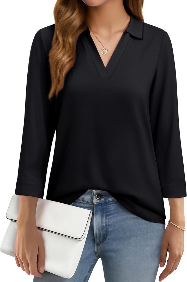 YUCOLEN 3/4 Sleeve Tunic Tops for Women V Neck Collared Shirts Chiffon Work Blouses Dressy Casual S-XXL (Black, XXXL)