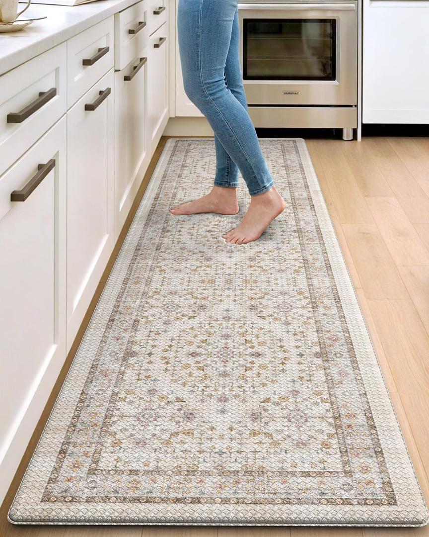 DEXI Kitchen Floor Mats Cushioned Anti Fatigue, 23x86 Long Wide Standing Comfort Runner Rug, Waterproof Rubber Memory Foam Padded for Front Sink Laundry, Beige/Ivory