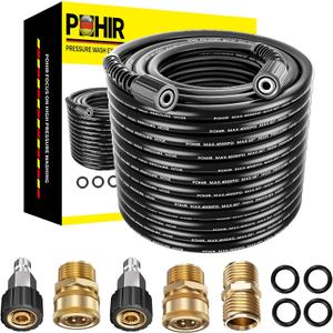 POHIR 100ft Pressue Washer Hose 4000 PSI, High Power Washing Hose, Replacement Hose with M22 Extension Adapter and 4pcs M22 14mm to 3/8 Quick Connect (Black)