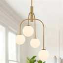 LamQee 4 Lights Mid Century Modern Chandelier, Milk Glass Globe Chandelier Light Fixture with Gold Metal & White Ball, Large Pendant Lighting Ceiling Hanging for Dining Room Kitchen Island Entryway