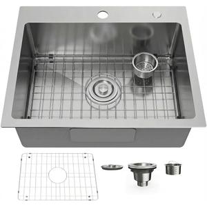 22" x 18" Drop in Kitchen Sink 304 Stainless Steel Single Bowl Topmount Kitchen Sink with Drain Kit and Bottom Grid, Brushed