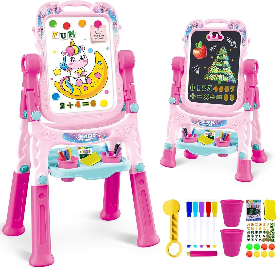 Art Easel for Kids - Adjustable Double-Sided Rotatable Magnetic White Board with Painting Accessories, Preschool Learning Toy for Girls 3-5 Years Old,Ideal Christmas Birthday Gift (Pink)
