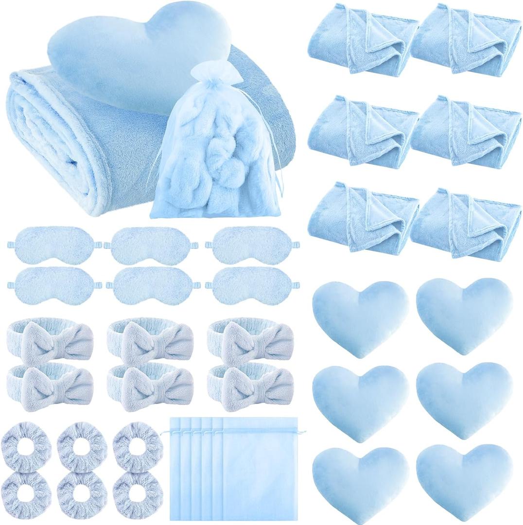 Fanfanwin 36 Pcs Sleepover Party Supplies for Girl Spa Slumber Birthday Favors Throw Blanket Pillow Eye Mask Headband Scrunchies (Solid Color,Light Blue)