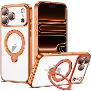 AmoraAqua Compatible with iPhone 17 Pro Max Case with 360° Spin Magnetic Ring Stand [Compatible with Mag-Safe] Camera Lens Protector Plating Clear Phone Case for iPhone 17 Pro Max 6.9", Orange