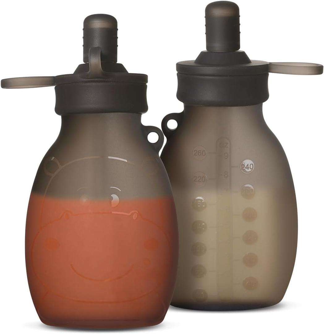 haakaa Hippo Wide Opening Silicone Goody Pouch 9oz/260ml Reusable Pouches for Toddlers, Reusable Baby Food Pouches with Wide Neck for Quick Filling & Cleaning, 2 Pack, (Grey)