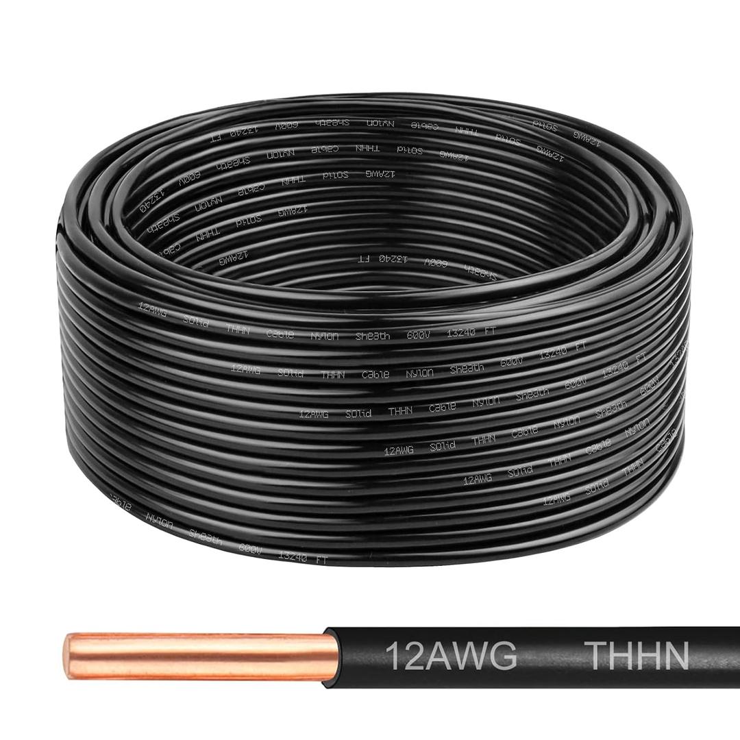 THHN Wire 12 Gauge 50 FT, 12 AWG Solid OFC Copper Electrical Building Wire with Nylon Jacket PVC Insulation, Rated 600V for Residential, Industrial, CNC, Ground (12 Gauge, Black)