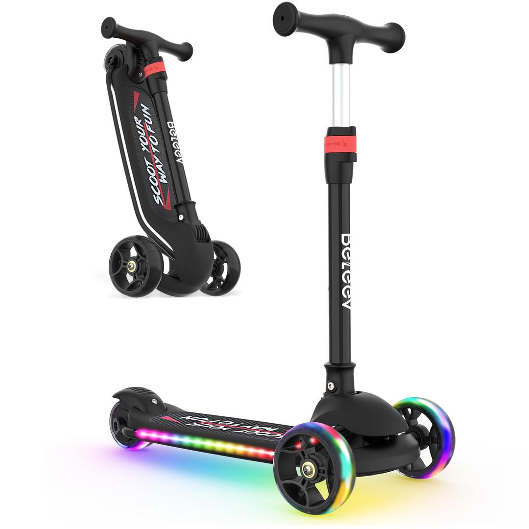 BELEEV Kids Scooter with LED Light-Up Wheels & Deck, 3 Wheel Folding Scooter for Toddlers Girls Boys Ages 3-12, Adjustable Handlebar, Lean to Steer, Extra Wide Wheel, Kick Scooter for Children (Black)