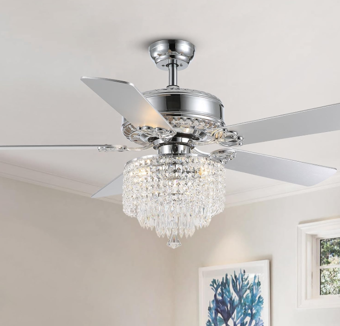 52" Modern Fandelier, Crystal Ceiling Fan with Lights and Remote, Sliver Elegant Chandelier Fan Light with 5 Wooden Dual-Sided Blades for Bedroom Living Room,6 Speed Reversible Motor,Timing