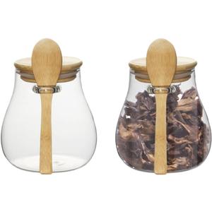 Glass Storage jars with Bamboo Lids and Spoon -16 oz Airtight Storage Containers Glass jar,Wide Mouth,Leak-Proof,Comes Suitable for Coffee Beans, Tea Leaves,Grains, Dried Fruits (Small2PCS)