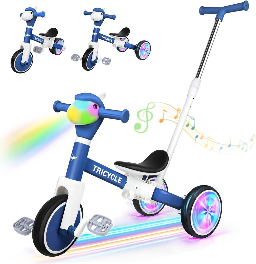 5 in 1 Tricycle for Toddlers 1-3 Year Olds, Push Trike Toys with Light Wheels & Music Front, Toddler Balance Bike for 2-4 Years Old Boys Girls, Birthday Gifts for 1 2 3 Kids Bike (Blue Flash Wheel)