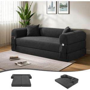 80" Convertible Sofa Bed, 3-in-1 Corduroy Folding Pull Out Couch with Pillows, No Assembly Modern Boneless Couch Compression Sofa in Box, Floor Sofa with Side Storage Pocket for Living Room,Dark Grey