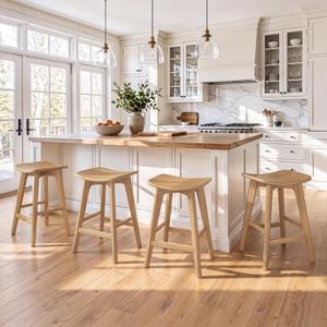 LUE BONA Bar Stools Set of 3, 24" Elm Wood, for Kitchen Island, Natural