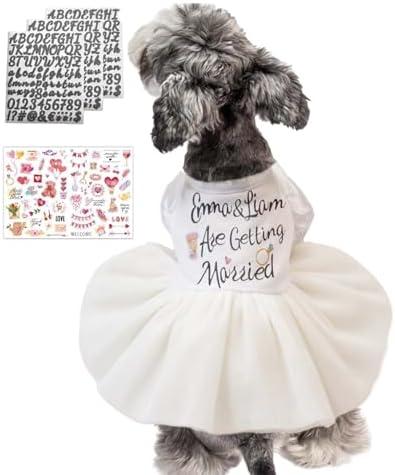 MuYaoPet Engagement Gift,DIY Dog Wedding Dress with Gold Letter Stickers Bride Groom Names,Cotton Dog Cat Pet Wedding Dresses Outfits Girl Accessory,Medium