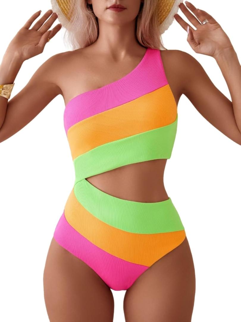 TASHEHE Women's One Shoulder One Piece Swimsuit Sexy Neon Color Block Bathing Suit Modest Full Coverage Cutout Swimwear (Medium, Pink / Orange / Neon Green)