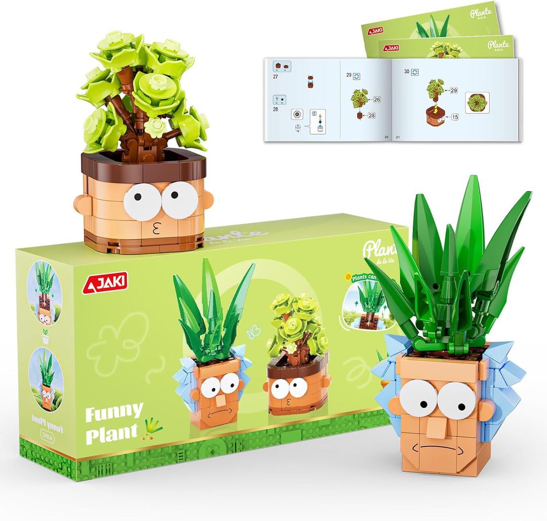 JAKI Botanicals Funny Cartoon Plants Building Toy Set - Interchangeable Pot Design Desk Decor Birthday Gift Idea for Young Gardeners Artificial Indoor Plant Play & Display for Kids, Girls and Boys 12+