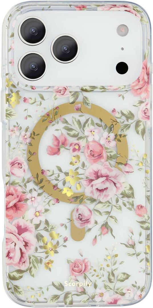 SCORPIFY for iPhone 17 Pro Max Case [Compatible with MagSafe] with Country Rose Floral Design, Cute Clear Flower Magnetic Phone Cover for Women Girls, [Non Yellowing] Slim Bumper with Gold Accents