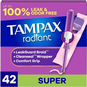 Tampax Radiant Tampons for Women, with LeakGuard Braid, Super Absorbency, Unscented, 42 Count