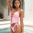 ZAFUL Halter Swimsuits for Women Textured Backless 2 Piece Bathing Suits Cheeky High Cut String Tie Side Bikini Sets (Pink, M)