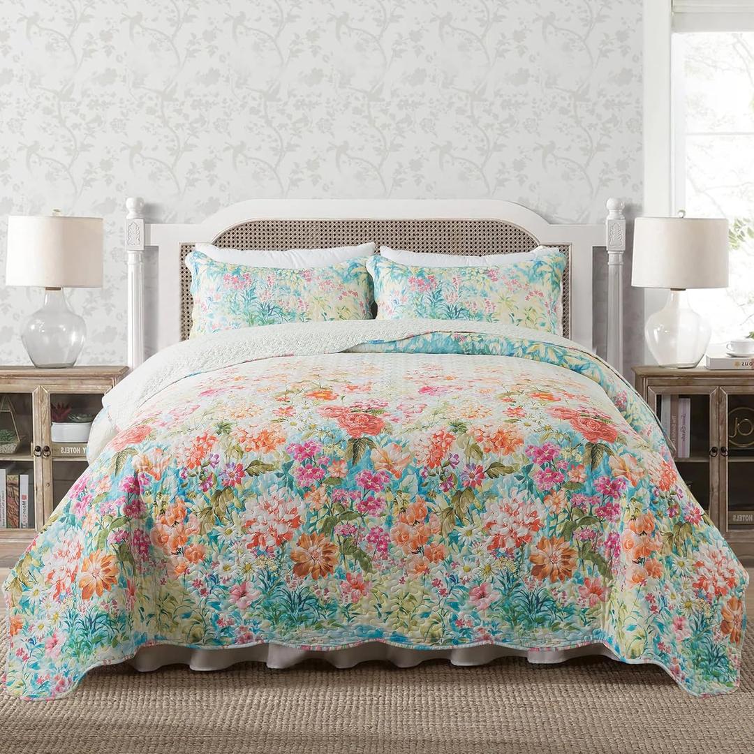 NEWLAKE Quilt Bedspread Sets- Dreamy Flowers Reversible Coverlet Set,Queen Size
