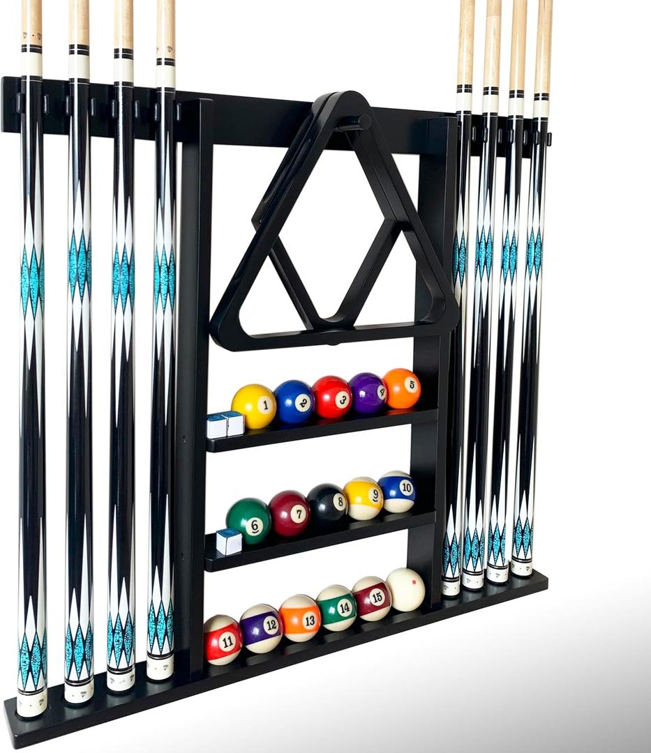 Wall Mount Pool Cue Stick Holder, Black Solid Wood Rack for 8 Cues