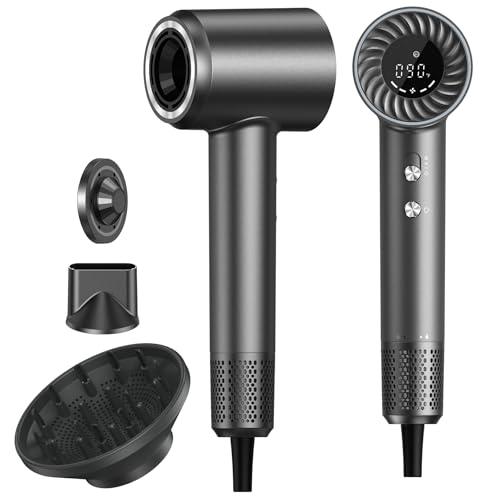 Hair Dryer, 150000 RPM Brushless Motor with 500M Negative Ions, Fast-Dry Lightweight Design, ThermoControl & Magnetic Nozzle/Diffuser, Low Noise Salon Blow Dryer for All Hair, Travel, Home