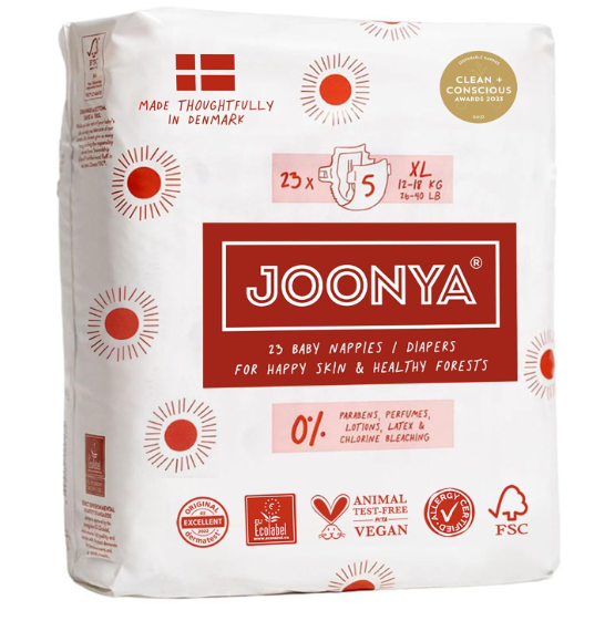 Joonya Baby Diapers, Size 5 XL (26-40 lb) - 1 Bag of 23 - Non Toxic, Eco-Friendly, High Absorbency, Overnight Use, Ultra Slim & Soft - Made in Denmark