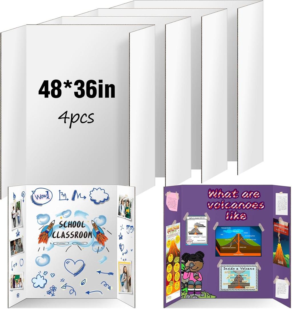 4 Pack Trifold Poster Board 48" X 36", IKAYAS Double Sided White Poster Boards, Science Fair Display Boards Posterboard Foamboard for Mounting, Prints, Art, Display, Projects Classroom Supplies