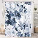 Navy Watercolor Floral Shower Curtain, Blue Plant Leaves with Flower Shower Curtains for Summer Bathroom Decor, Extra Long Fabric Botanical Waterproof Shower Curtain Set with Hooks 72x84 Inch