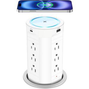 4-inch Pop Up Outlet for Countertop with 45W USB,17-in-1 Desktop Power Strip with 15W Wireless Charger,12 Outlets 4 USB Ports,15Amp Tamper Resistant Receptacle for Home Office Kitchen White