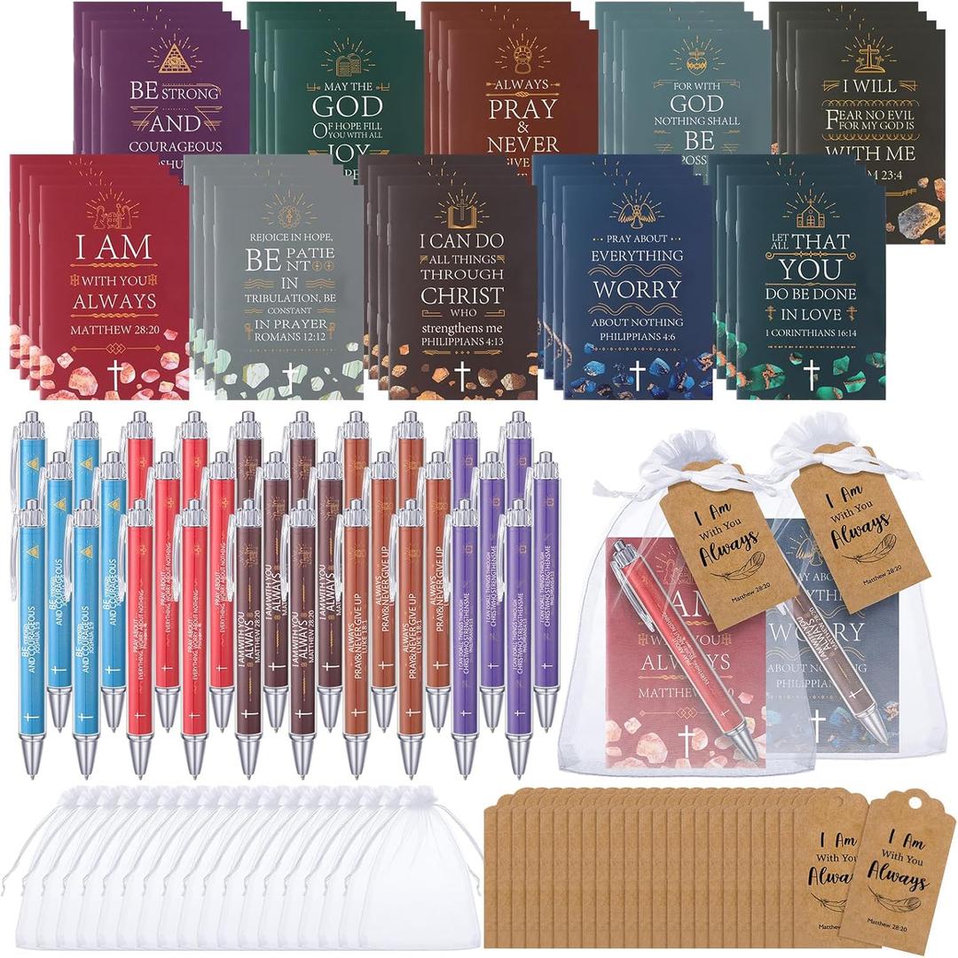 Qeeenar 200 Pcs Christian Gifts Bulk Sets Bible Verse Religious Ballpoint Pen and Notebook Gift Set with Thanks Tags Organza Bag Gift Bulk for Women Church Christian Party Favors(Multicolor,Classic)