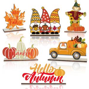 6 PCS Fall Wooden Table Decorations Maple Pumpkin Gnome Scarecrow Truck Hello Autumn Wood Tabletop Sign Centerpiece Rustic Decor for Home Farmhouse Tiered Tray Shelf Kitchen Office Desk