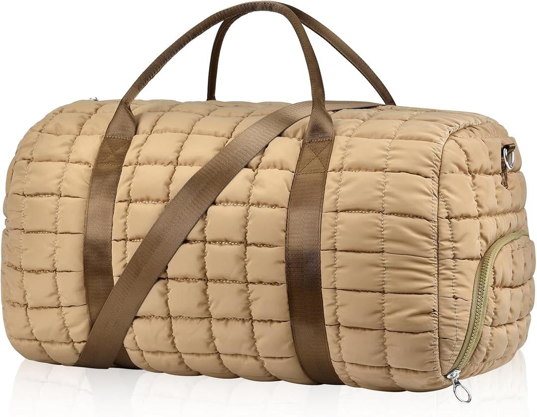 Dimayar Puffer Duffle Bag for Travel – 22”x14”x9” Airline-Approved, Puffy Weekender Bag for Women with Shoe Compartment, 40L（Khaki）