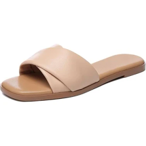 Athlefit Women's Summer Flat Sandals Slip On Square Toe Soft Leather Slide Sandals 8.5