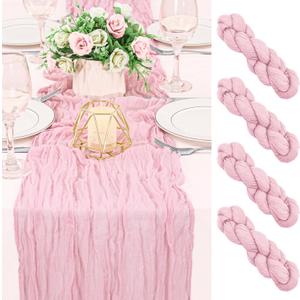 4 Pack 120 Inch Pink Cheesecloth Table Runner Boho Rustic Gauze Sheer Romantic 10 FT Long Cheese Cloth Table Runner for Bridal Baby Shower Wedding Party Birthday Holiday Home Easter Decor