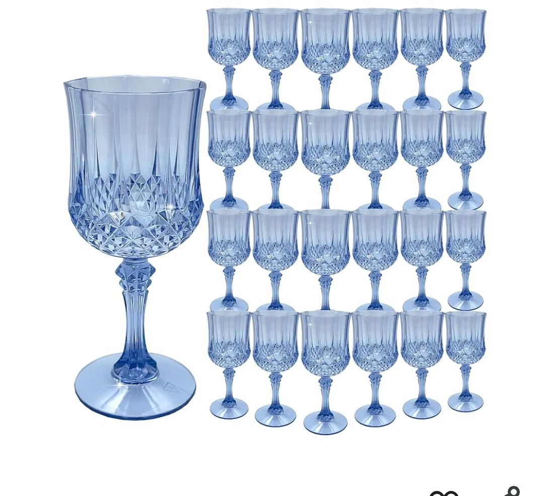 Plastic Glasses，Plastic Goblets Vintage Style Cordial Drinking Glasses for Wedding Reception, Grand Event Party Supplies (24, Blue)