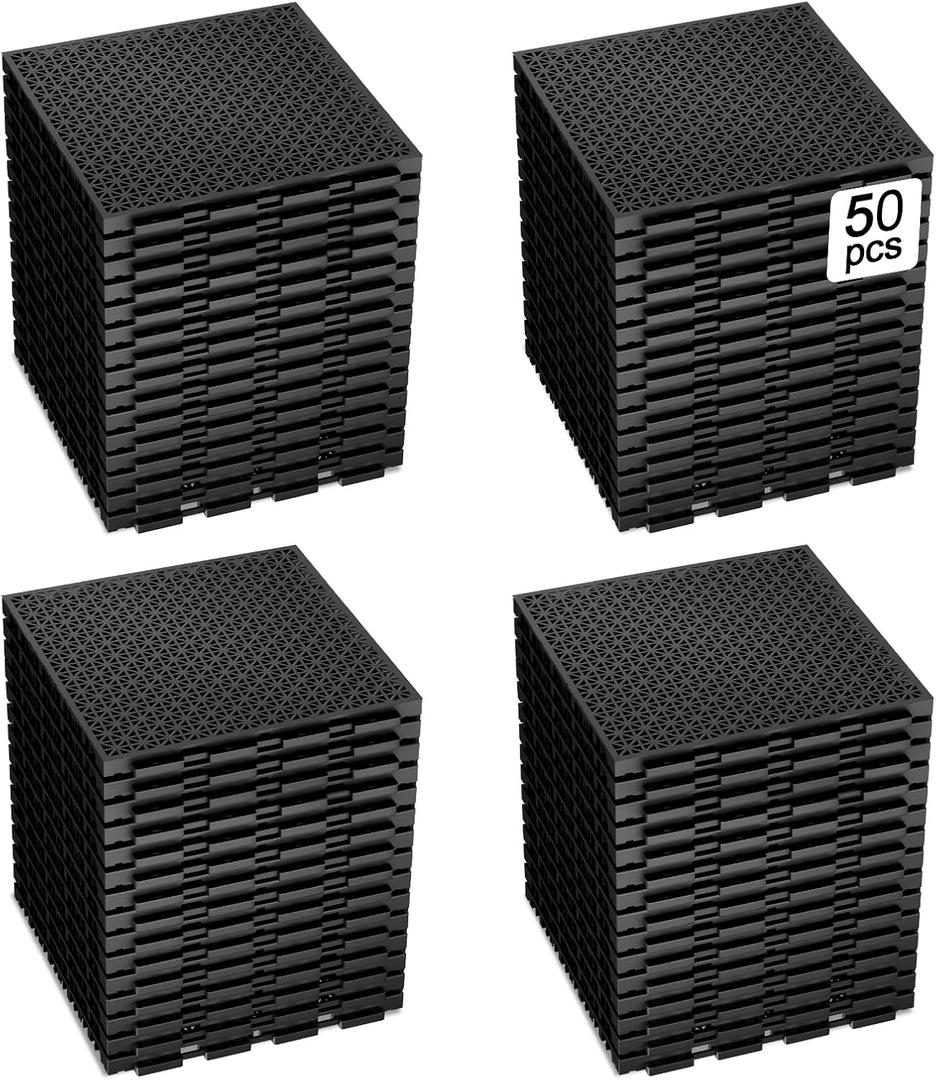 50 PCS Modular Interlocking Cushion Interlocking Floor Tiles with Hole | Drainage Mat, 10" x 10" Non Slip Pool Deck Mat, Outdoor for Drain Deck, Pool,Patio, Shower, Kitchen, Balcony (Black)