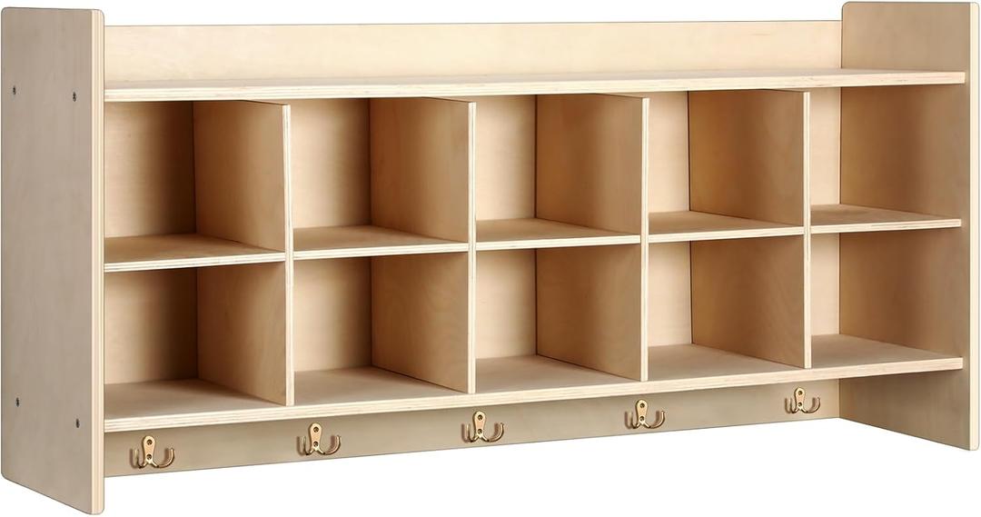 Wall Cubbies 10 Section Hanging Cubby Storage Organizer with Coat Hooks Wooden Daycare Storage for Classroom School Kindergarten Kids Toys