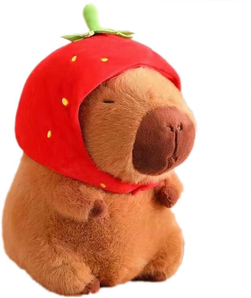 Capybara Plush Toy Wear Strawberry Hat Stuffed Animal Pillow, Cute Capybara Plushie for Kids, Boys & Girls, Birthday Gift Valentines Days Easter Gift 9"