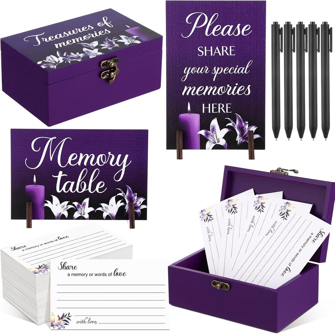 Gilprop 112 Pcs Celebration of Life Memory Cards Set Share a Memory Cards with Box 2 Wood Sign with 4 Hold and 5 Pens, Sympathy Memorial Gifts Funeral Keepsake Decorations (Lily)