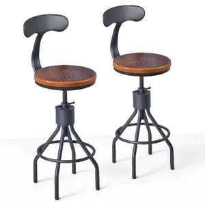 Set of 2 Industrial Bar Stools with Backrest 23-33inch Swivel Wooden Seat Kitchen Island Dining Chair Counter Stool Height Adjustable (Black)