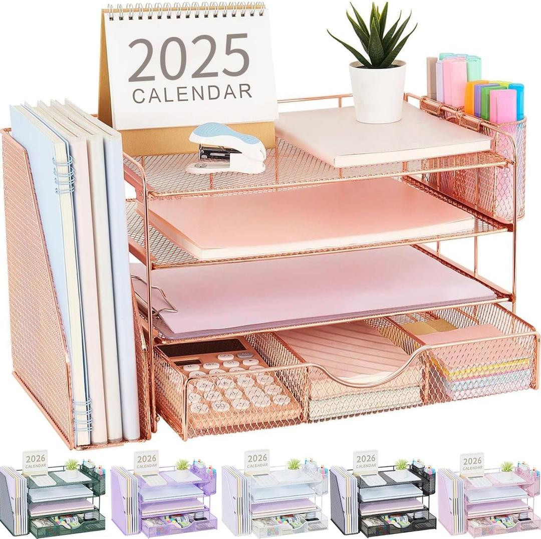 gianotter Desk Organizers and Accessories with File Holder, 4-Tier Desk Accessories & Workspace Organizers with Drawer and 2 Pen Holder, Paper Organizer for Office Supplies (Rose Gold)