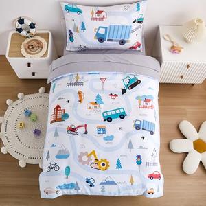 NacoMoco 4-Piece Cars Toddler Bedding Set for Boys Girls- Soft & Skin Friendly Toddler Bed Set Includes Toddler Comforter, Flat Sheet, Fitted Sheet and Pillowcase (Light Blue)