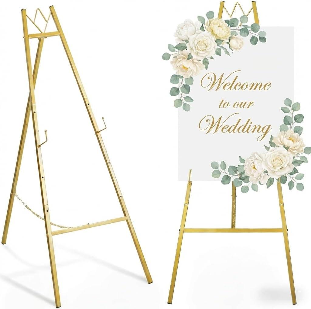 57.5" Gold Easel Stand for Wedding Sign, Heavy Duty Metal Display Stand, 4-Tier Height Adjustable Easel for Art, Paintings, Welcome Signs, Posters, and Dcor, Simply Assembly Required
