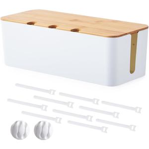 Cable Management Box, Cord Cable Organizer Box with Bamboo Lid, Under Desk Cable Management with 10 Cable Ties and 2 Cable Clip Holders for TV Router Computer USB Hub White