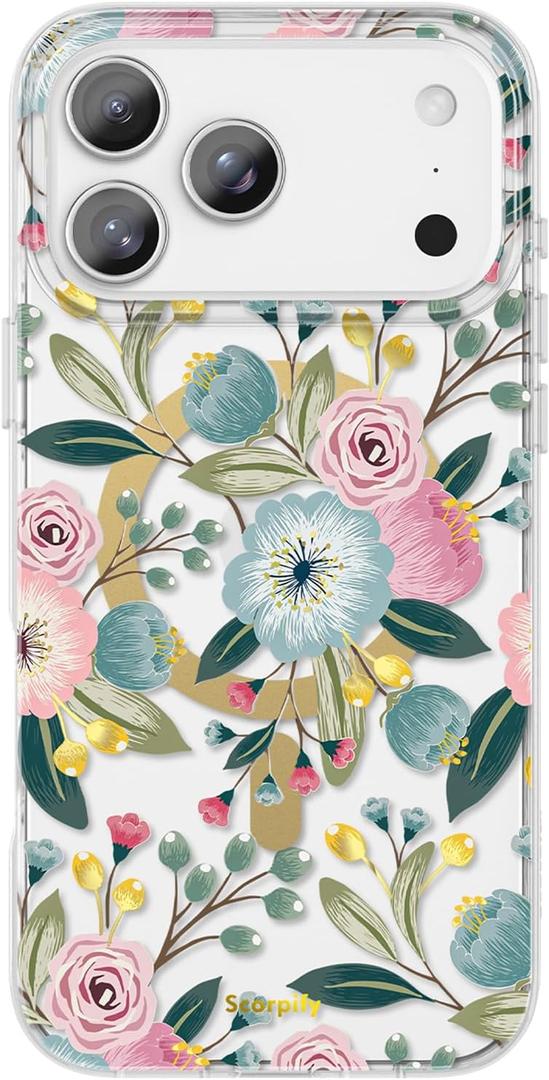 SCORPIFY for iPhone 17 Pro Max Case [Compatible with MagSafe] with Hibiscus Floral Design, Cute Clear Flower Magnetic Phone Cover for Women Girls, [Non Yellowing] Slim Bumper with Gold Accents