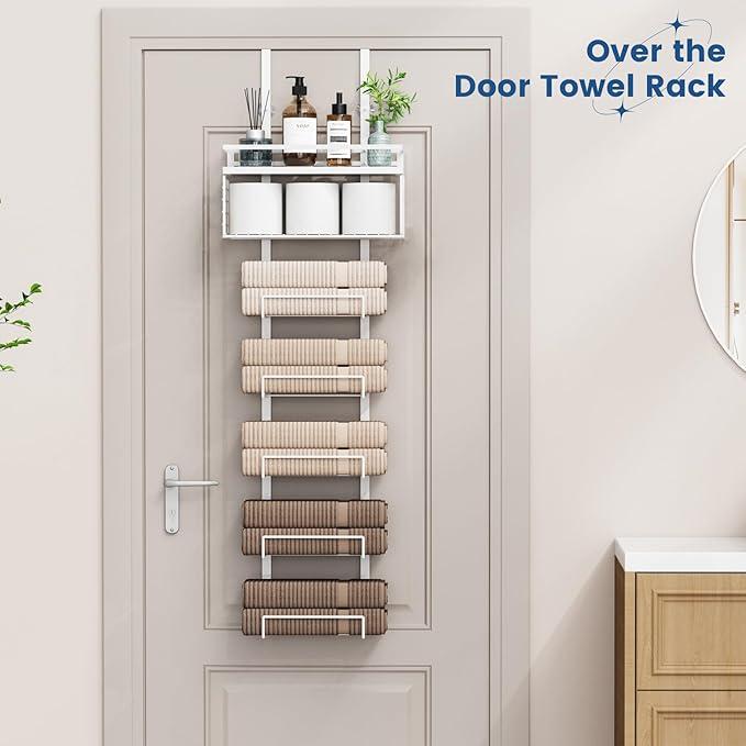 Aetyord Towel Racks for Bathroom Over The Door Towel Racks Towel Storage Organizer with Metal Shelf Basket for Bathroom Rv Camper (7-Tier Silver)