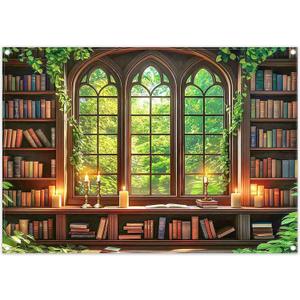 7x5ft Fabric Vintage Wooden Bookshelf Backdrop Retro Library Window Green Forest Candle Photography Background Indoor School Decorations Photo Booth Props