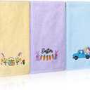 2 x Moukeren 3 Pcs Easter Hand Towels for Bathroom 14 x 29 Inch Cotton Embroidered Easter Kitchen Towels Bunny Carrot Truck Decorative Blue Yellow Purple for Home Drying Cleaning Cooking