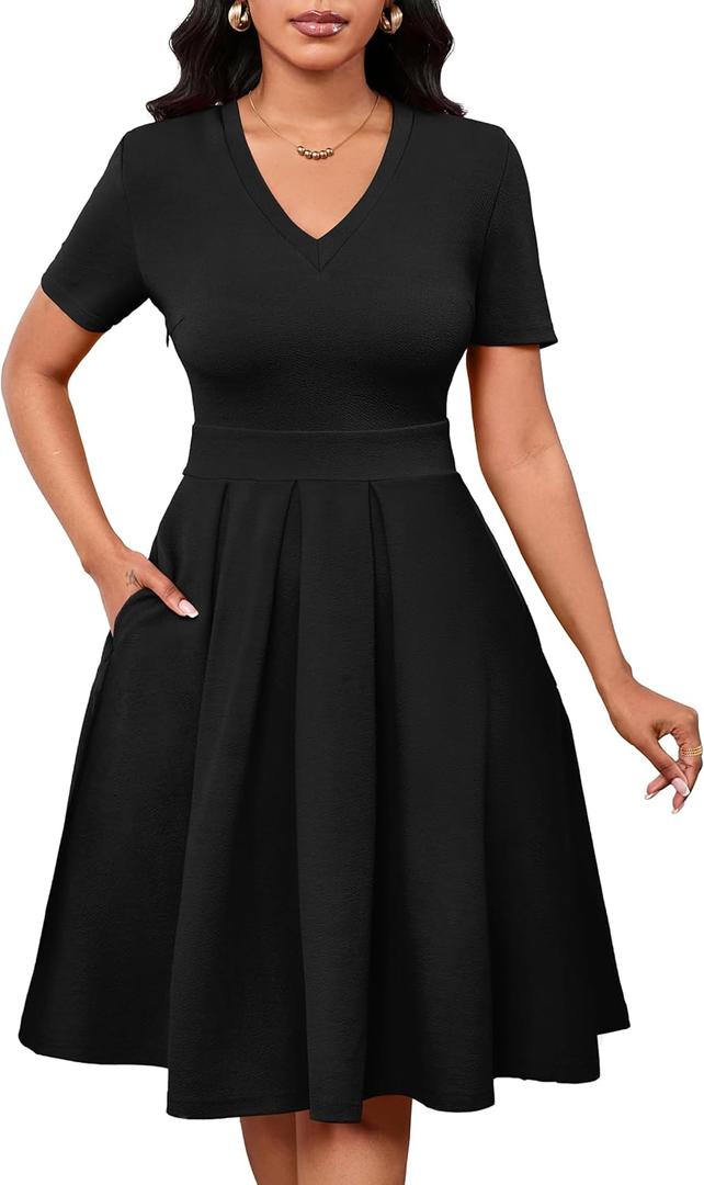 MarryUP Women Summer Short Sleeve Dress V Neck Semi Casual Fit and Flare Church Wedding Guest Work Dresses with Pockets, Black, L